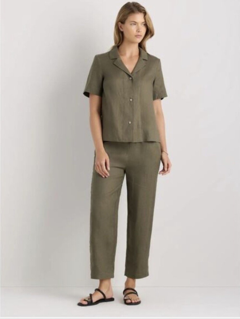 Quince Linen Straight Leg Casual Pants Bayberry Olive